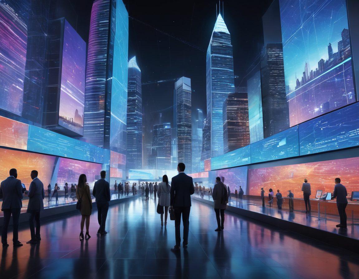 A futuristic cityscape with interconnected digital screens displaying insurance solutions and online services. Include a diverse group of people using their devices, exploring insurance options, surrounded by holographic charts and data. The design should evoke innovation, technology, and accessibility. Bright, engaging colors to emphasize a hopeful future. super-realistic. vibrant colors. 3D.