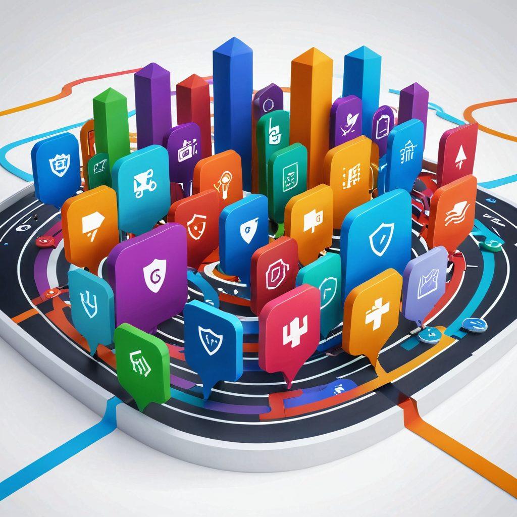 An abstract representation of choices with colorful, flowing paths leading to various digital insurance icons like a shield, key, and checkmark. Include a diverse group of people from different backgrounds, confidently navigating this maze of options on futuristic tablets and smartphones. A bright, welcoming atmosphere with a skyline in the background symbolizing progress and empowerment. super-realistic. vibrant colors. white background.