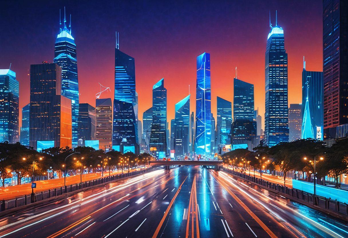 A futuristic city skyline with digital interfaces showcasing innovative insurance services, such as virtual agents and mobile applications. Include diverse people interacting with technology, demonstrating accessibility and modernization. The sky should be vibrant with a hint of twilight, reflecting a transition to the digital era. Showcase symbols of protection like shields or umbrellas integrated into the technology. digital art. vibrant colors. high-tech aesthetic.